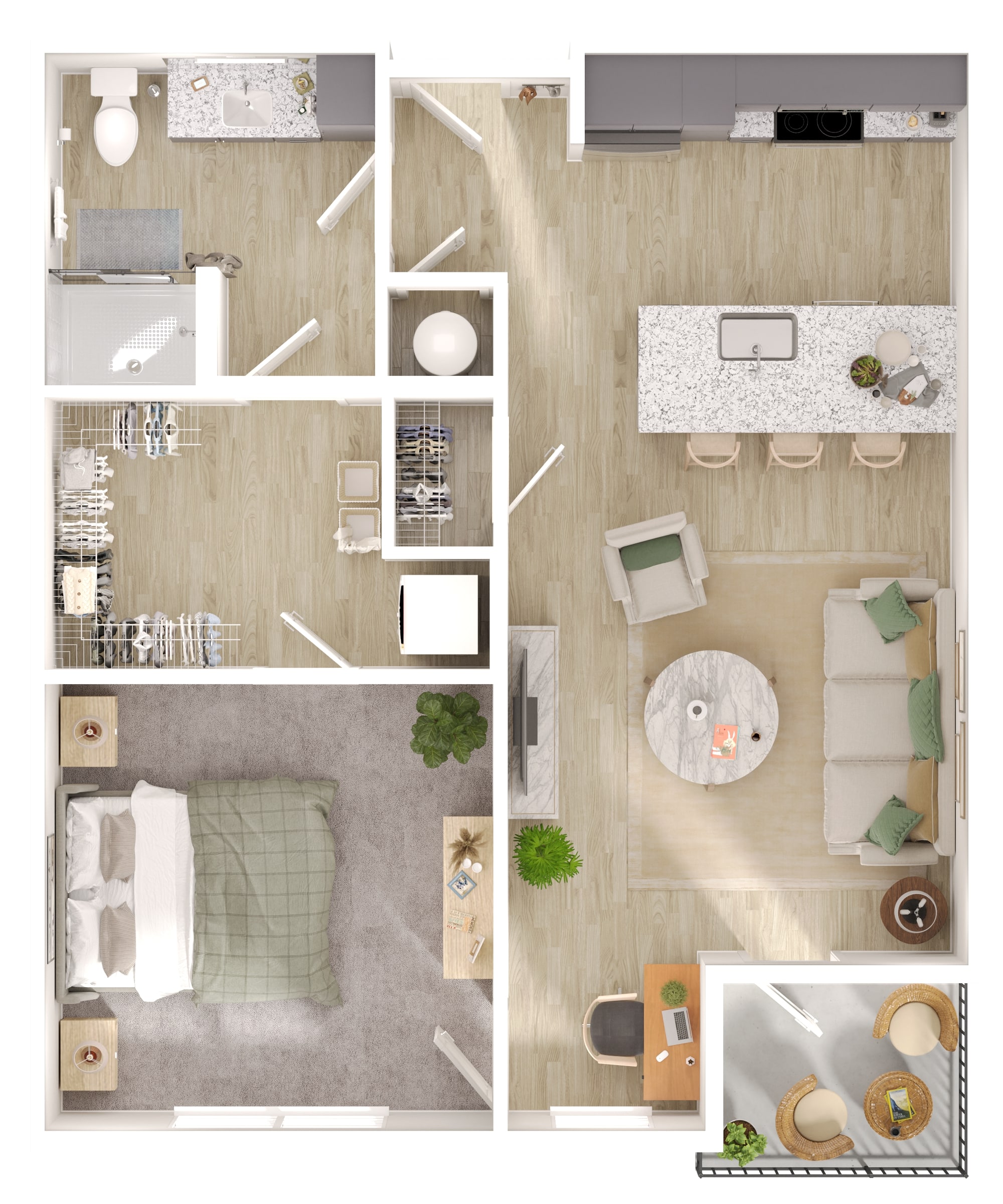 Floor plan for 1 bed, 1 bath, 751 sqft